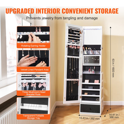 Schmuckschrank mit Spiegel, 360° drehbarer Standspiegel mit Ablage, abschließbarer Schmuck-Organizer mit Ganzkörperspiegel, Samtfutter, LED-Beleuchtung, Schublade, freistehender Schmuckschrank, Weiß