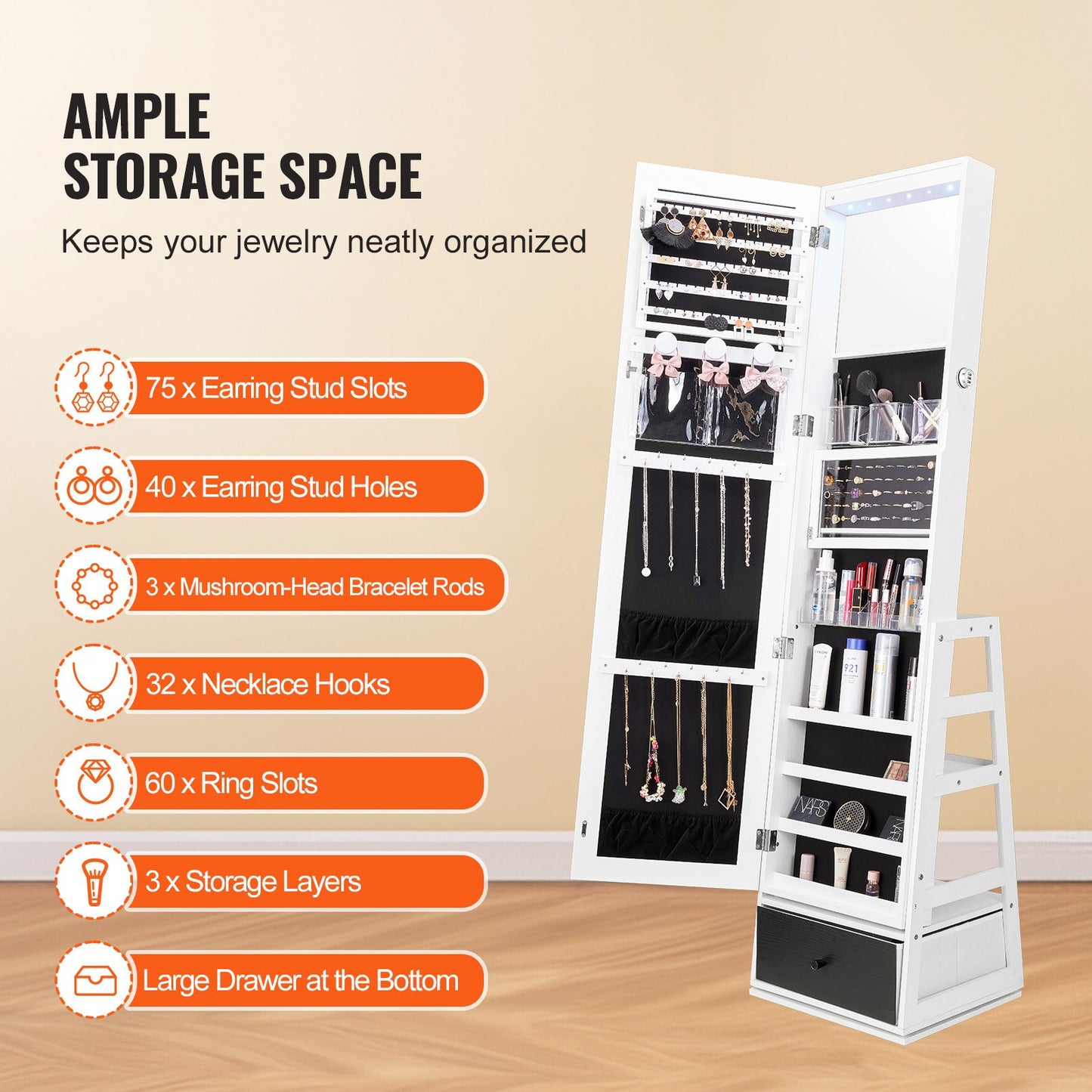 Schmuckschrank mit Spiegel, 360° drehbarer Standspiegel mit Ablage, abschließbarer Schmuck-Organizer mit Ganzkörperspiegel, Samtfutter, LED-Beleuchtung, Schublade, freistehender Schmuckschrank, Weiß