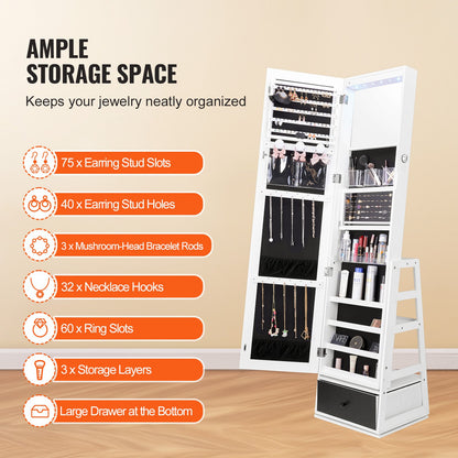 Schmuckschrank mit Spiegel, 360° drehbarer Standspiegel mit Ablage, abschließbarer Schmuck-Organizer mit Ganzkörperspiegel, Samtfutter, LED-Beleuchtung, Schublade, freistehender Schmuckschrank, Weiß