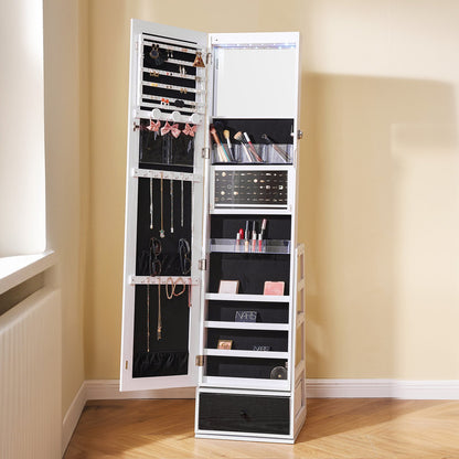 Schmuckschrank mit Spiegel, 360° drehbarer Standspiegel mit Ablage, abschließbarer Schmuck-Organizer mit Ganzkörperspiegel, Samtfutter, LED-Beleuchtung, Schublade, freistehender Schmuckschrank, Weiß