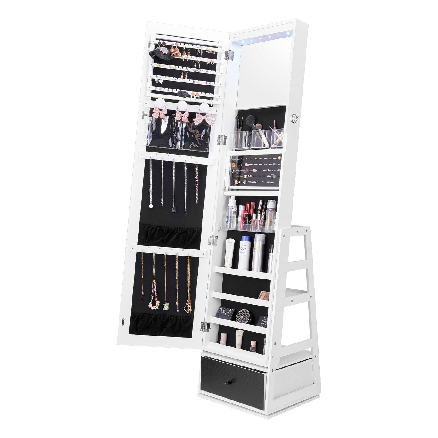Schmuckschrank mit Spiegel, 360° drehbarer Standspiegel mit Ablage, abschließbarer Schmuck-Organizer mit Ganzkörperspiegel, Samtfutter, LED-Beleuchtung, Schublade, freistehender Schmuckschrank, Weiß