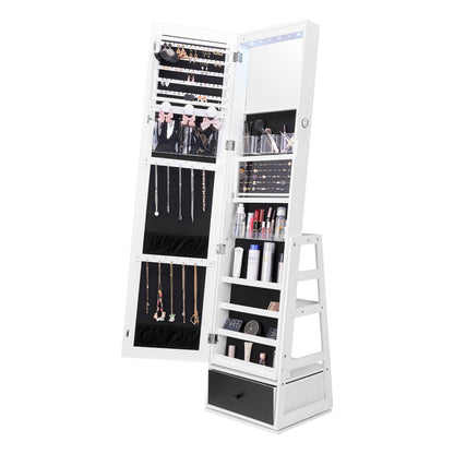 Schmuckschrank mit Spiegel, 360° drehbarer Standspiegel mit Ablage, abschließbarer Schmuck-Organizer mit Ganzkörperspiegel, Samtfutter, LED-Beleuchtung, Schublade, freistehender Schmuckschrank, Weiß