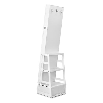 Schmuckschrank mit Spiegel, 360° drehbarer Standspiegel mit Ablage, abschließbarer Schmuck-Organizer mit Ganzkörperspiegel, Samtfutter, LED-Beleuchtung, Schublade, freistehender Schmuckschrank, Weiß