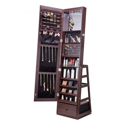 Schmuckschrank mit Spiegel, 360° drehbarer Standspiegel mit Ablage, abschließbarer Schmuck-Organizer mit Ganzkörperspiegel, Samtfutter, LED-Beleuchtung, Schublade, freistehender Schmuckschrank, Braun