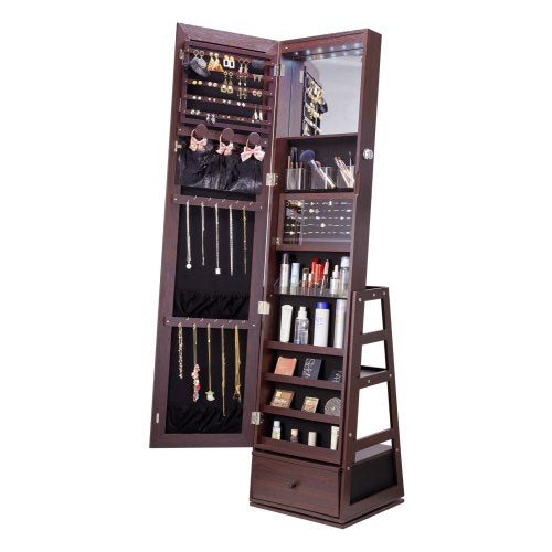 Schmuckschrank mit Spiegel, 360° drehbarer Standspiegel mit Ablage, abschließbarer Schmuck-Organizer mit Ganzkörperspiegel, Samtfutter, LED-Beleuchtung, Schublade, freistehender Schmuckschrank, Braun