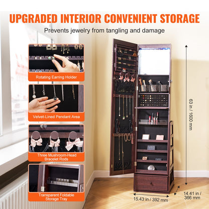 Schmuckschrank mit Spiegel, 360° drehbarer Standspiegel mit Ablage, abschließbarer Schmuck-Organizer mit Ganzkörperspiegel, Samtfutter, LED-Beleuchtung, Schublade, freistehender Schmuckschrank, Braun