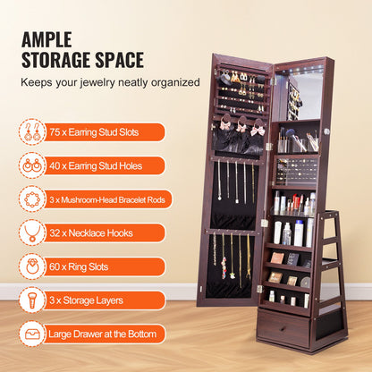 Schmuckschrank mit Spiegel, 360° drehbarer Standspiegel mit Ablage, abschließbarer Schmuck-Organizer mit Ganzkörperspiegel, Samtfutter, LED-Beleuchtung, Schublade, freistehender Schmuckschrank, Braun