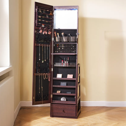 Schmuckschrank mit Spiegel, 360° drehbarer Standspiegel mit Ablage, abschließbarer Schmuck-Organizer mit Ganzkörperspiegel, Samtfutter, LED-Beleuchtung, Schublade, freistehender Schmuckschrank, Braun