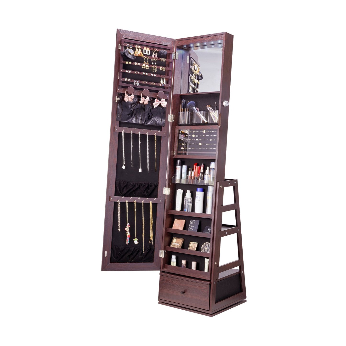 Schmuckschrank mit Spiegel, 360° drehbarer Standspiegel mit Ablage, abschließbarer Schmuck-Organizer mit Ganzkörperspiegel, Samtfutter, LED-Beleuchtung, Schublade, freistehender Schmuckschrank, Braun