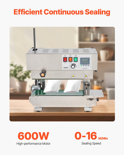 Durchgehende Beutelbandschweißmaschine, 6–12 mm Schweißnahtbreite, vertikale Bandschweißmaschine mit digitaler Temperaturregelung, Edelstahl-Beutelschweißgerät für 0,02–0,8 mm dicke Kunststoffbeutel und -folien