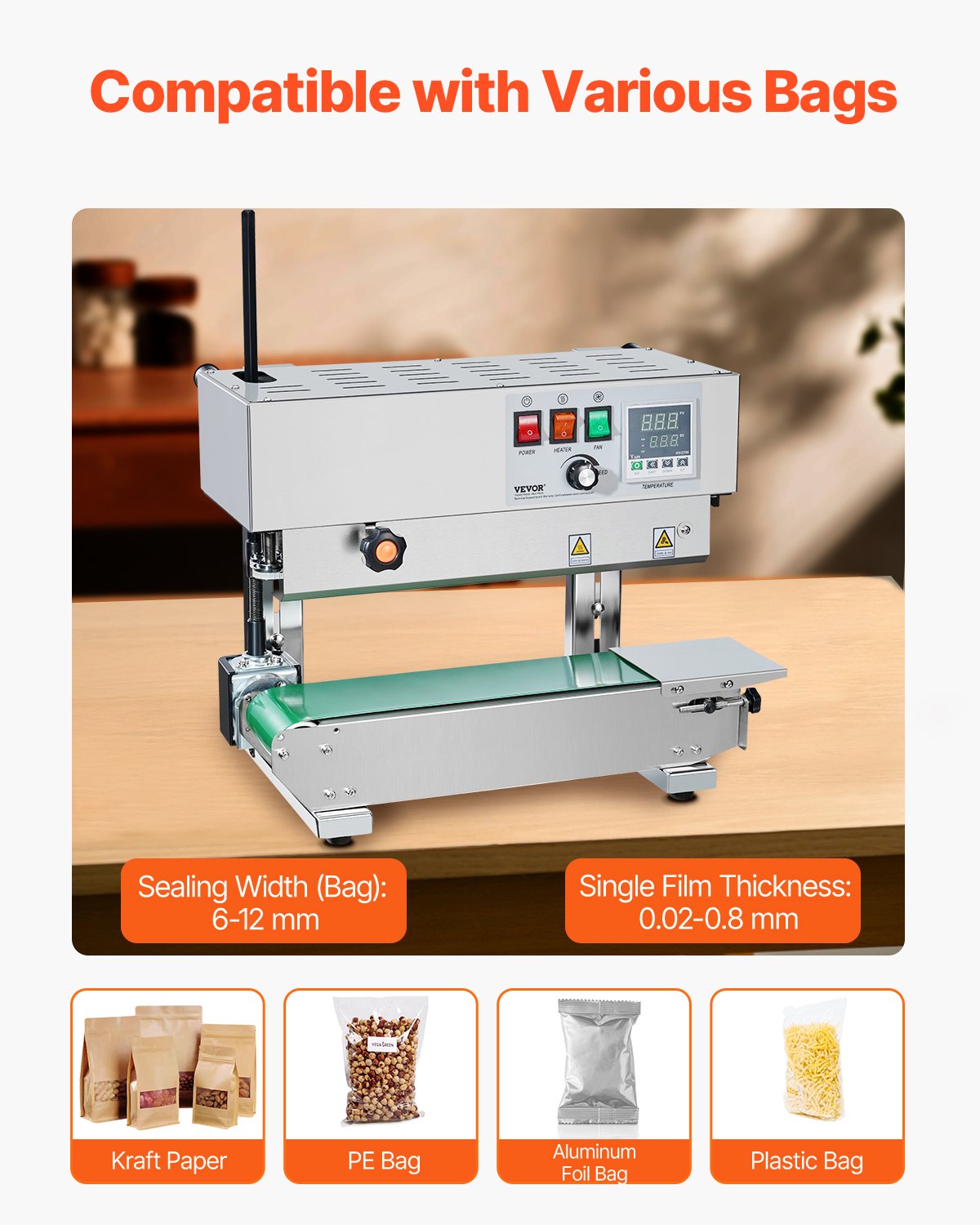 Durchgehende Beutelbandschweißmaschine, 6–12 mm Schweißnahtbreite, vertikale Bandschweißmaschine mit digitaler Temperaturregelung, Edelstahl-Beutelschweißgerät für 0,02–0,8 mm dicke Kunststoffbeutel und -folien