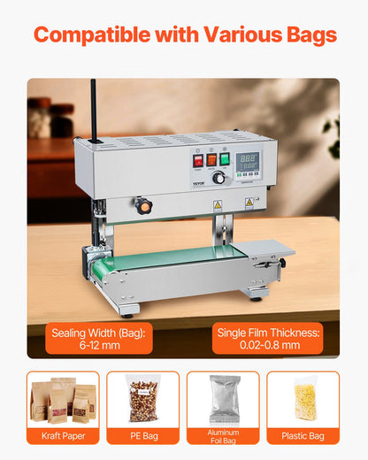 Durchgehende Beutelbandschweißmaschine, 6–12 mm Schweißnahtbreite, vertikale Bandschweißmaschine mit digitaler Temperaturregelung, Edelstahl-Beutelschweißgerät für 0,02–0,8 mm dicke Kunststoffbeutel und -folien