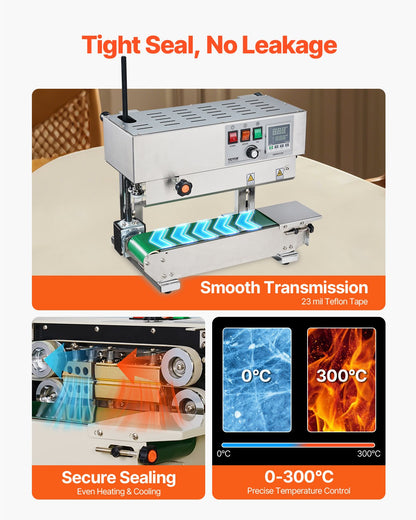 Durchgehende Beutelbandschweißmaschine, 6–12 mm Schweißnahtbreite, vertikale Bandschweißmaschine mit digitaler Temperaturregelung, Edelstahl-Beutelschweißgerät für 0,02–0,8 mm dicke Kunststoffbeutel und -folien