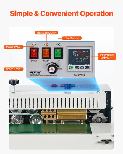 Durchgehende Beutelbandschweißmaschine, 6–12 mm Schweißnahtbreite, vertikale Bandschweißmaschine mit digitaler Temperaturregelung, Edelstahl-Beutelschweißgerät für 0,02–0,8 mm dicke Kunststoffbeutel und -folien