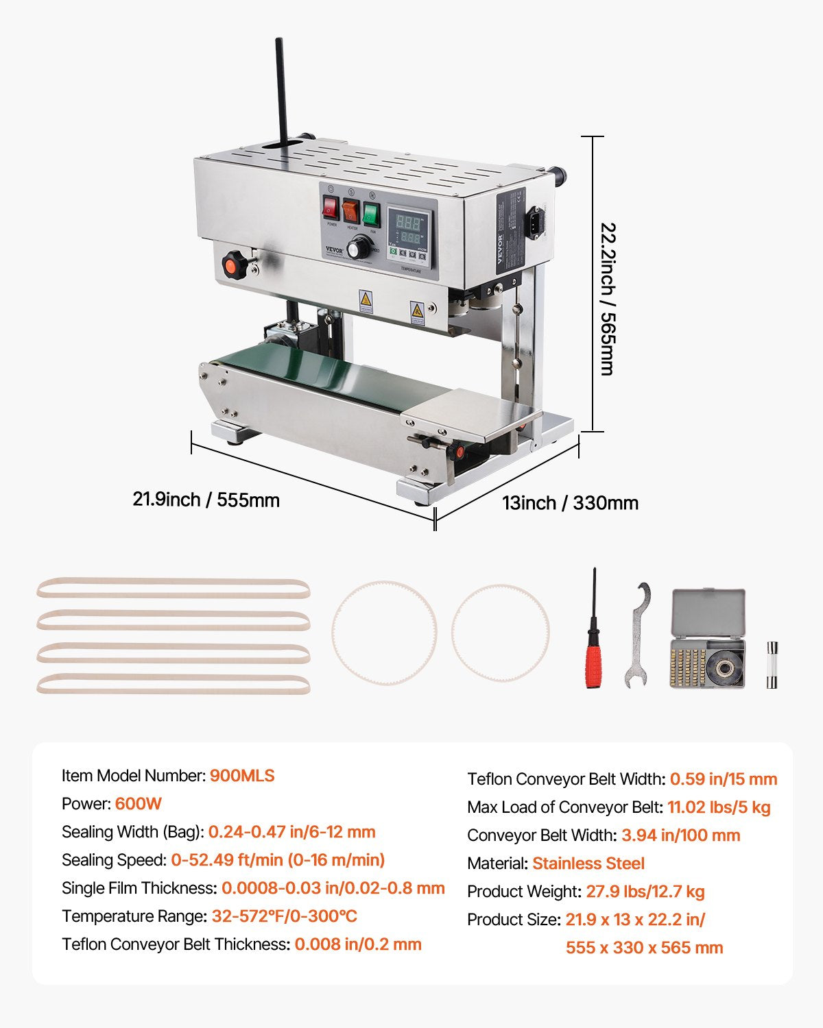 Durchgehende Beutelbandschweißmaschine, 6–12 mm Schweißnahtbreite, vertikale Bandschweißmaschine mit digitaler Temperaturregelung, Edelstahl-Beutelschweißgerät für 0,02–0,8 mm dicke Kunststoffbeutel und -folien