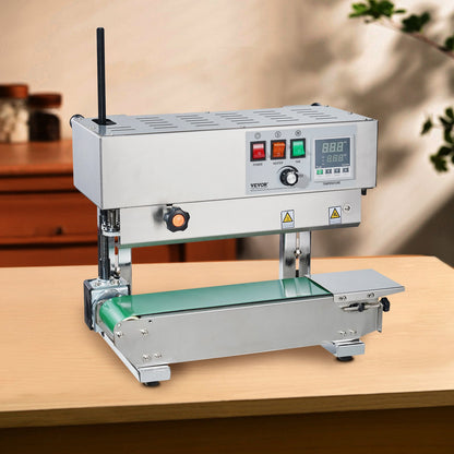 Durchgehende Beutelbandschweißmaschine, 6–12 mm Schweißnahtbreite, vertikale Bandschweißmaschine mit digitaler Temperaturregelung, Edelstahl-Beutelschweißgerät für 0,02–0,8 mm dicke Kunststoffbeutel und -folien