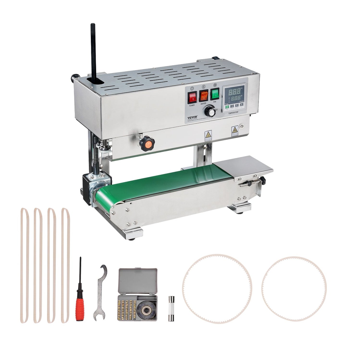 Durchgehende Beutelbandschweißmaschine, 6–12 mm Schweißnahtbreite, vertikale Bandschweißmaschine mit digitaler Temperaturregelung, Edelstahl-Beutelschweißgerät für 0,02–0,8 mm dicke Kunststoffbeutel und -folien