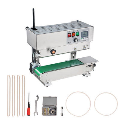 Durchgehende Beutelbandschweißmaschine, 6–12 mm Schweißnahtbreite, vertikale Bandschweißmaschine mit digitaler Temperaturregelung, Edelstahl-Beutelschweißgerät für 0,02–0,8 mm dicke Kunststoffbeutel und -folien