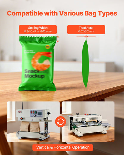 Continuous Bag Band Sealing Machine, 6-12 mm Seal Width, Vertical Band Sealer Machine with Roller Printing , Temp & Speed Adjustable, Heat Sealing Machine for 0.03-0.8 mm Plastic Bags