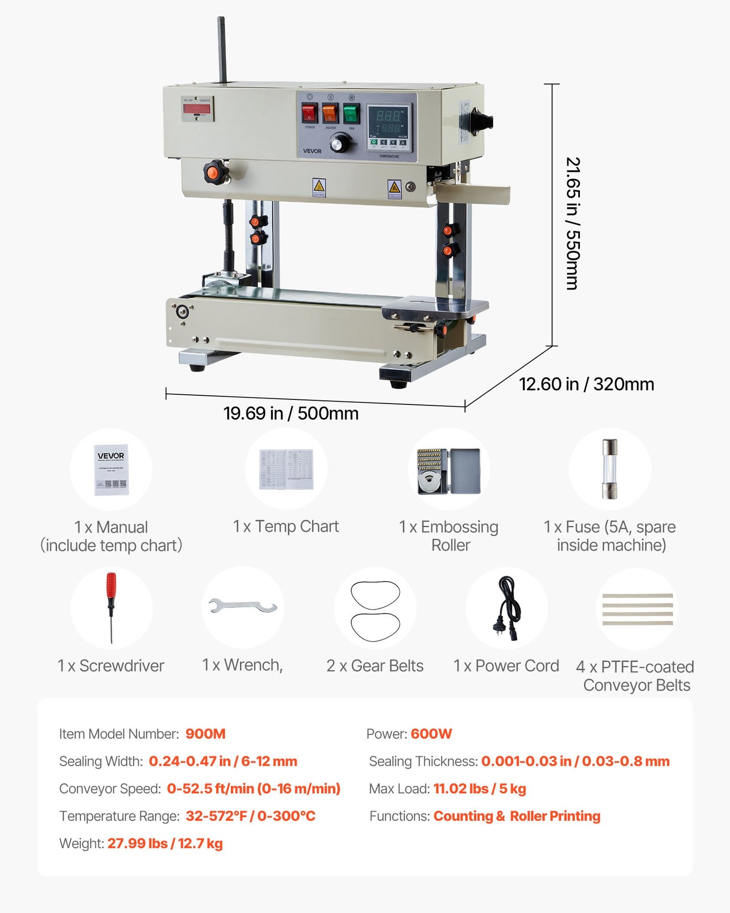 Continuous Bag Band Sealing Machine, 6-12 mm Seal Width, Vertical Band Sealer Machine with Roller Printing , Temp & Speed Adjustable, Heat Sealing Machine for 0.03-0.8 mm Plastic Bags