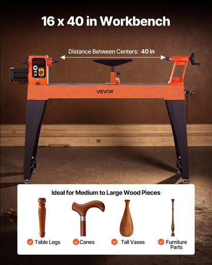 Drechselbank, 1100 W / 1,5 PS, Drehzahlregelung 0–3200 U/min, Werkbank 406 x 1020 mm, bürstenloser Gleichstrommotor, Gehäuse aus Gusseisen, Werkzeugauflage, für mittlere bis große Holzbearbeitungsprojekte