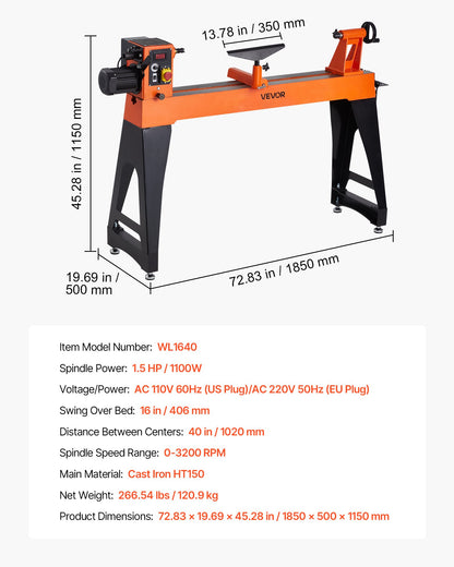 Drechselbank, 1100 W / 1,5 PS, Drehzahlregelung 0–3200 U/min, Werkbank 406 x 1020 mm, bürstenloser Gleichstrommotor, Gehäuse aus Gusseisen, Werkzeugauflage, für mittlere bis große Holzbearbeitungsprojekte