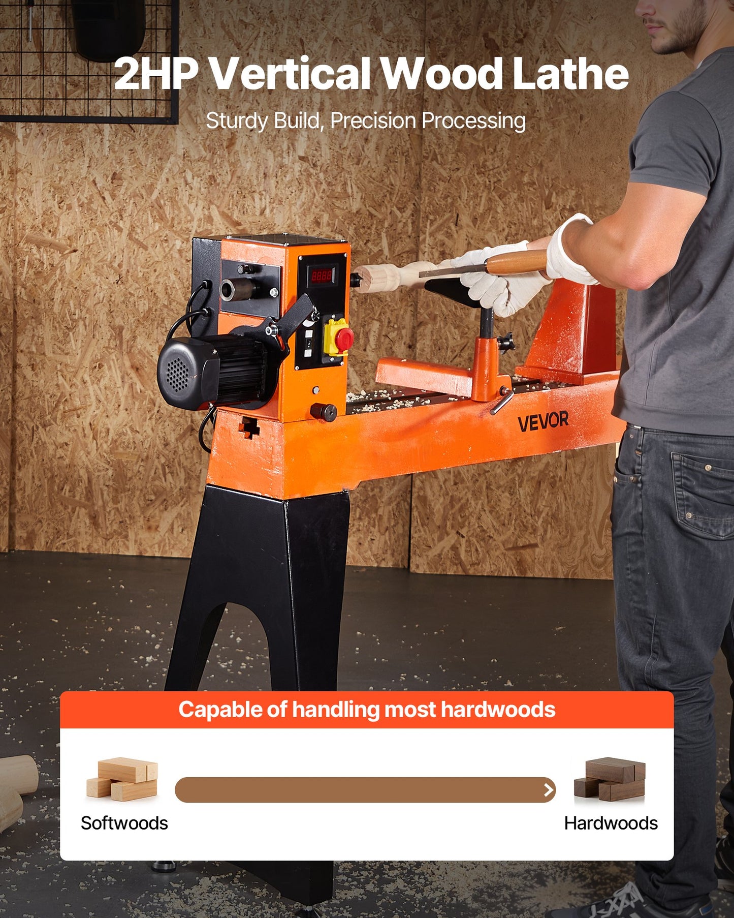 Drechselbank, 1500 W / 2 PS, Drehzahlregelung 0–3200 U/min, Werkbank 457 x 1020 mm, bürstenloser Gleichstrommotor, Gehäuse aus Gusseisen, Werkzeugauflage, für mittlere bis große Holzbearbeitungsprojekte