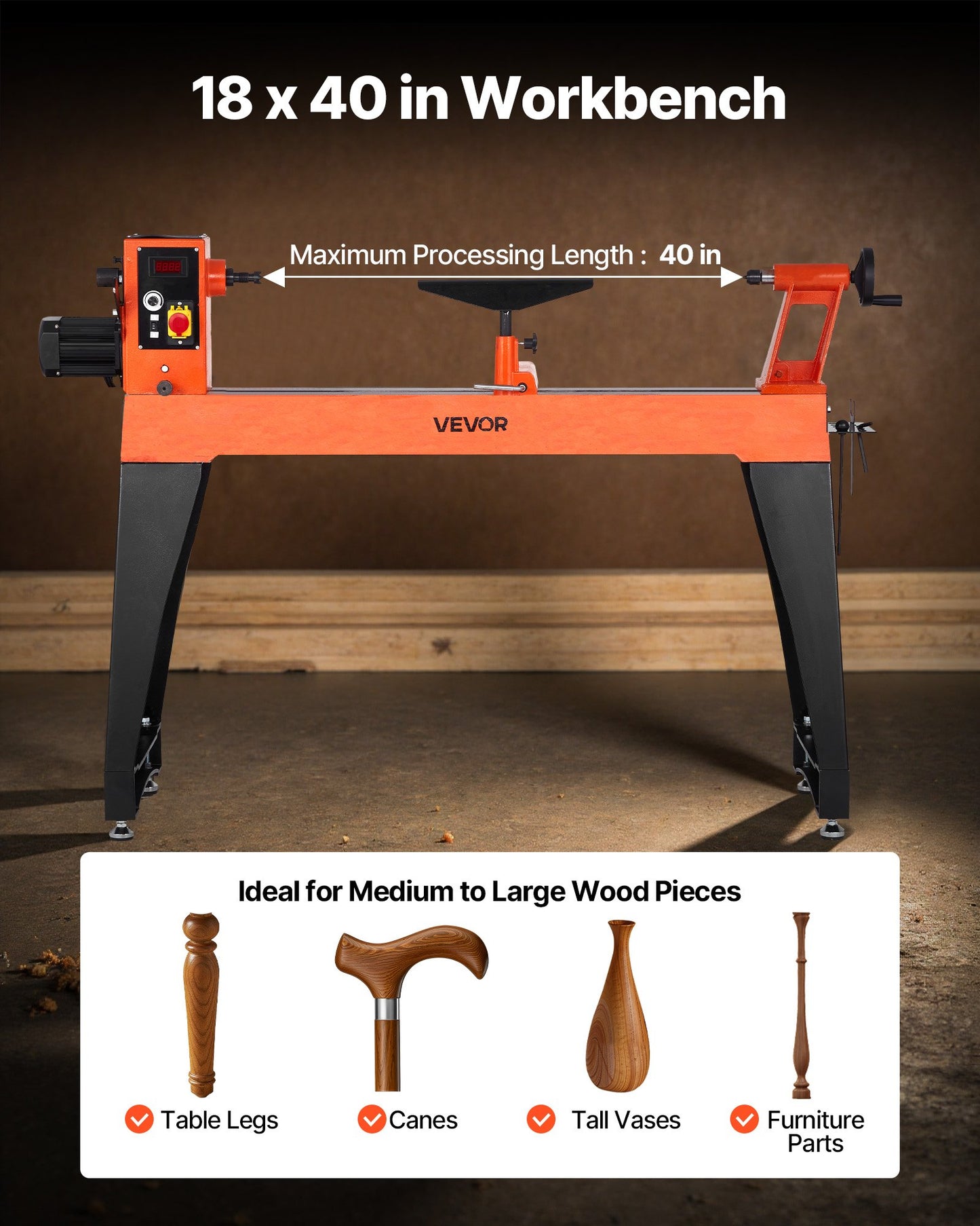 Drechselbank, 1500 W / 2 PS, Drehzahlregelung 0–3200 U/min, Werkbank 457 x 1020 mm, bürstenloser Gleichstrommotor, Gehäuse aus Gusseisen, Werkzeugauflage, für mittlere bis große Holzbearbeitungsprojekte