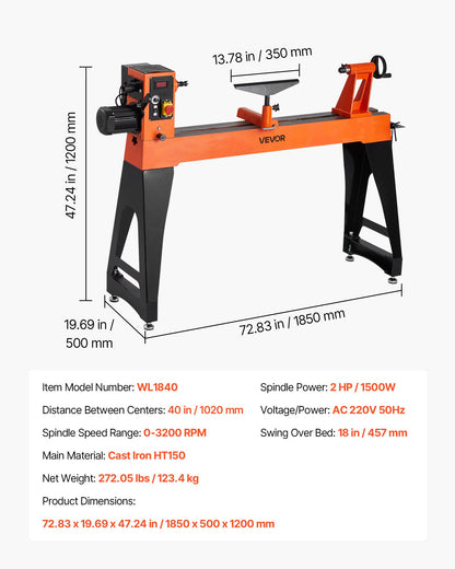 Drechselbank, 1500 W / 2 PS, Drehzahlregelung 0–3200 U/min, Werkbank 457 x 1020 mm, bürstenloser Gleichstrommotor, Gehäuse aus Gusseisen, Werkzeugauflage, für mittlere bis große Holzbearbeitungsprojekte