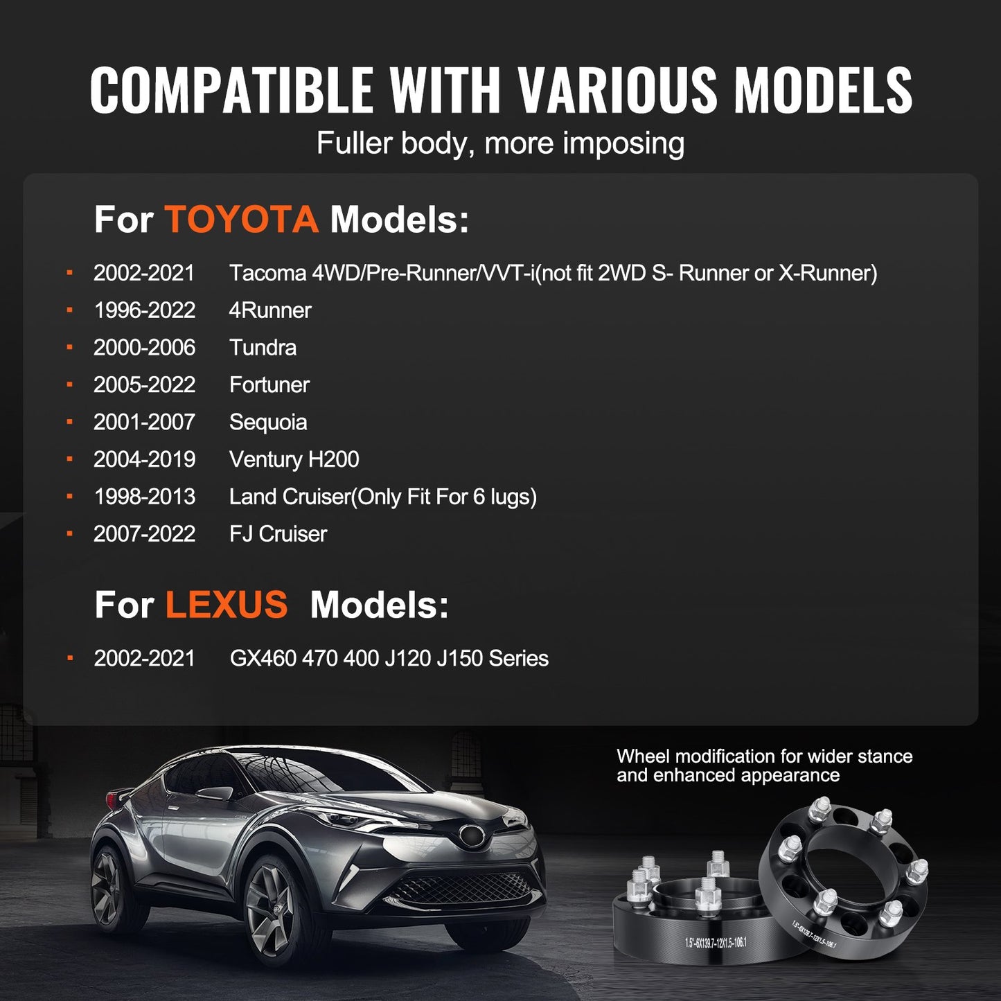 Spurverbreiterungen, 1,5" (38 mm) für 6" x 5,5" (152 mm) Radadapter, 6-Loch-Schmiede-Distanzstücke, 106,1 mm Bohrung, zentrierend, M12 x 1,5 Bolzen, passend für Toyota und Lexus (1996–2022), 4 Stück, schwarz