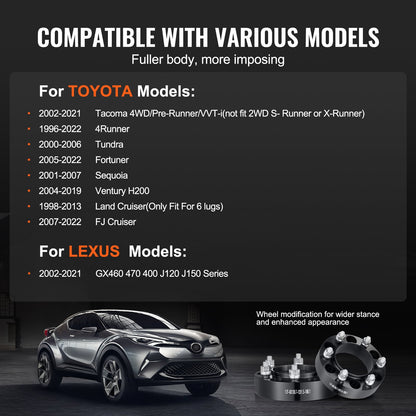 Spurverbreiterungen, 1,5" (38 mm) für 6" x 5,5" (152 mm) Radadapter, 6-Loch-Schmiede-Distanzstücke, 106,1 mm Bohrung, zentrierend, M12 x 1,5 Bolzen, passend für Toyota und Lexus (1996–2022), 4 Stück, schwarz