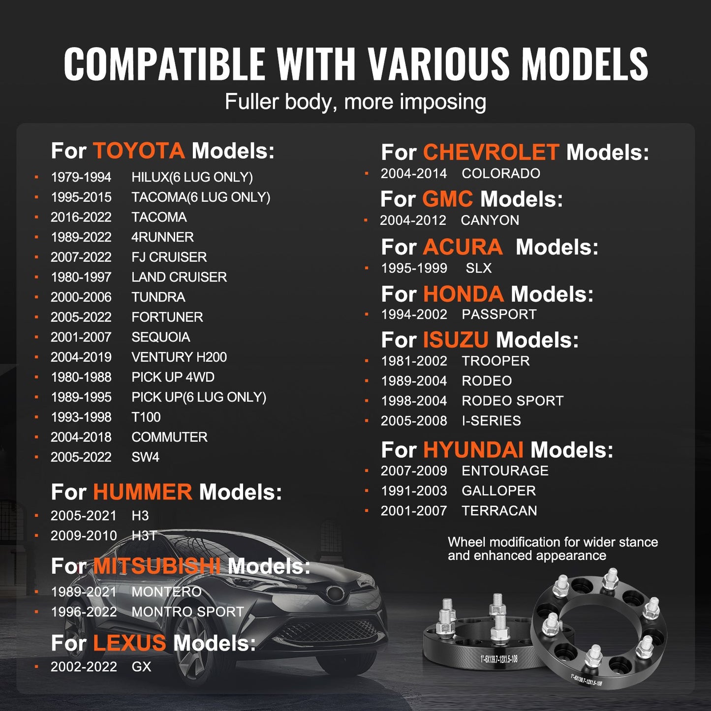 Spurverbreiterungen, 1" auf 6" x 5,5" Radadapter, 6-Loch-Schmiede-Distanzstücke, 108 mm Bohrung, zentrierende M12 x 1,5 Radbolzen, passend für Toyota, Hummer, Lexus, Chevrolet und Honda (Baujahre 1979–2022), 4 Stück, schwarz