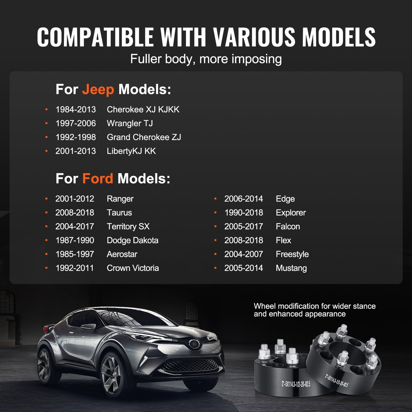 Spurverbreiterungen, 2" auf 5" x 4,5" Radadapter, 5-Loch-Schmiede-Distanzstücke, 82,5 mm Bohrung, zentrierend, 1/2"-20 Bolzen, passend für Jeep und Ford (1984–2018), 4 Stück, schwarz