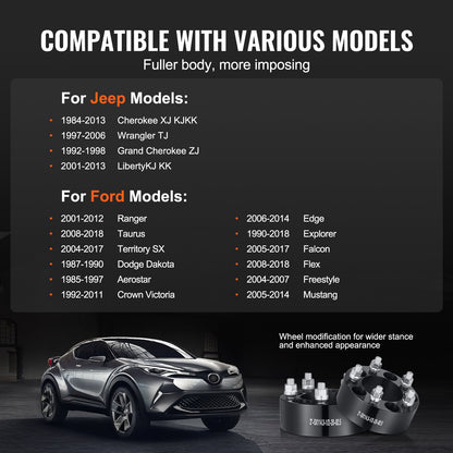 Spurverbreiterungen, 2" auf 5" x 4,5" Radadapter, 5-Loch-Schmiede-Distanzstücke, 82,5 mm Bohrung, zentrierend, 1/2"-20 Bolzen, passend für Jeep und Ford (1984–2018), 4 Stück, schwarz
