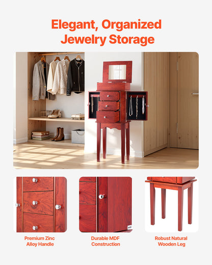 Jewelry Cabinet Armoire, Standing Wood Jewelry Storage Chest with 3 Drawers, Flip Top Mirror, 4 Top Storage Compartments, Zinc Alloy Handles, 2 Side Doors with 6 Necklace Hooks