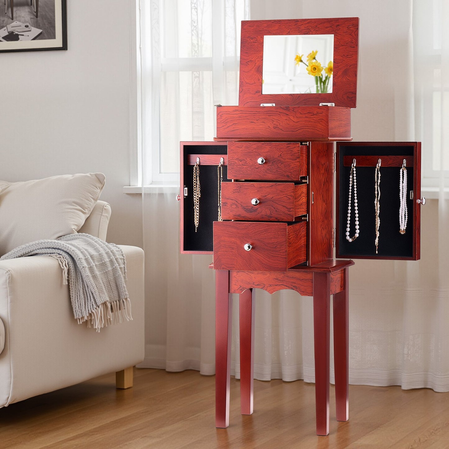 Jewelry Cabinet Armoire, Standing Wood Jewelry Storage Chest with 3 Drawers, Flip Top Mirror, 4 Top Storage Compartments, Zinc Alloy Handles, 2 Side Doors with 6 Necklace Hooks