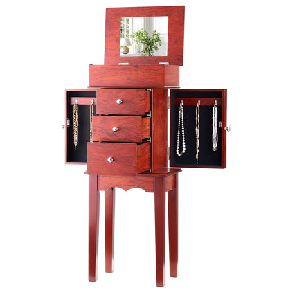 Jewelry Cabinet Armoire, Standing Wood Jewelry Storage Chest with 3 Drawers, Flip Top Mirror, 4 Top Storage Compartments, Zinc Alloy Handles, 2 Side Doors with 6 Necklace Hooks