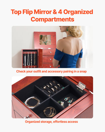 Jewelry Cabinet Armoire, Standing Wood Jewelry Storage Chest with 4 Spacious Drawers, Flip Top Mirror, 4 Top Storage Compartments, Zinc Alloy Handles, 2 Side Doors with 16 Necklace Hooks
