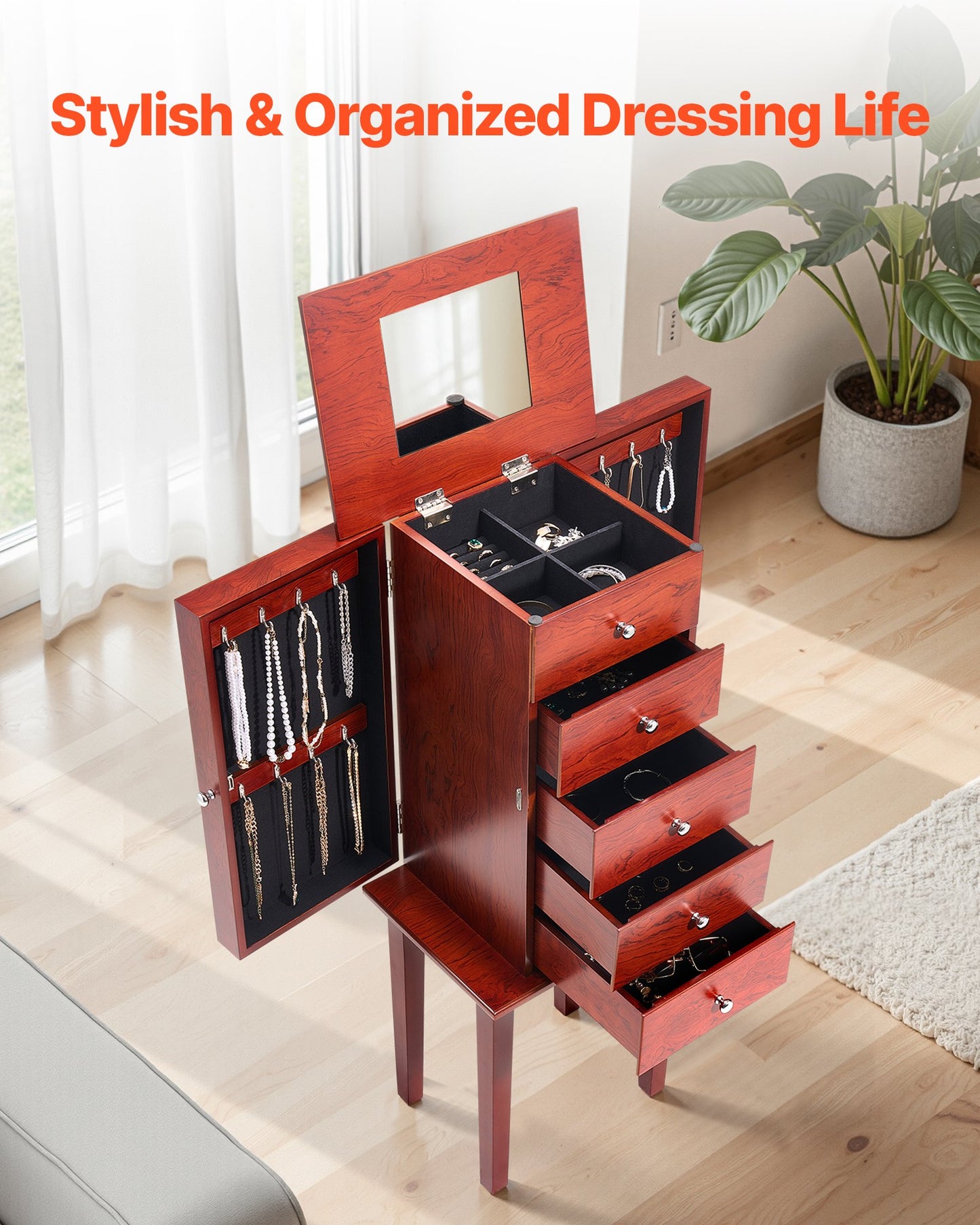 Jewelry Cabinet Armoire, Standing Wood Jewelry Storage Chest with 4 Spacious Drawers, Flip Top Mirror, 4 Top Storage Compartments, Zinc Alloy Handles, 2 Side Doors with 16 Necklace Hooks