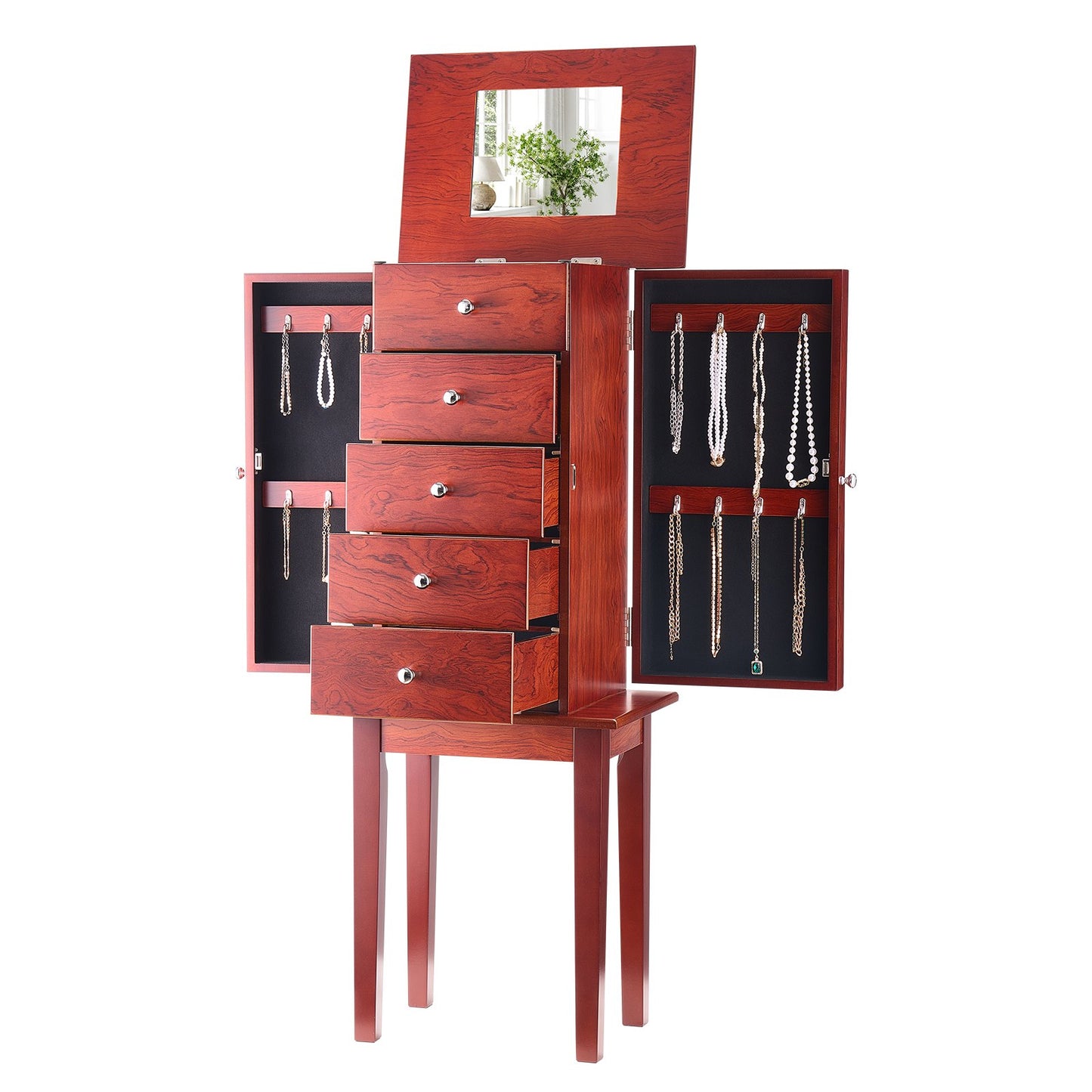 Jewelry Cabinet Armoire, Standing Wood Jewelry Storage Chest with 4 Spacious Drawers, Flip Top Mirror, 4 Top Storage Compartments, Zinc Alloy Handles, 2 Side Doors with 16 Necklace Hooks