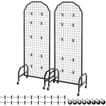2 Packs Grid Wall Panels, 600 x 1640mm Wire Grid Panels Display Rack, Movable Art Display Shelf with Wheels and 20 Hooks, Black Carbon Steel Gridwall for Craft Show, Decor, Storage, Notice Board