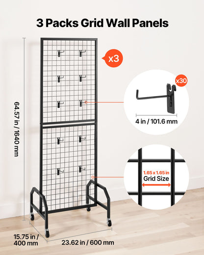 3 Packs Grid Wall Panels, 600 x 1640mm Wire Grid Panels Display Rack, Movable Art Display Shelf with Wheels and 30 Hooks, Black Carbon Steel Gridwall for Craft Show, Decor, Storage, Notice Board