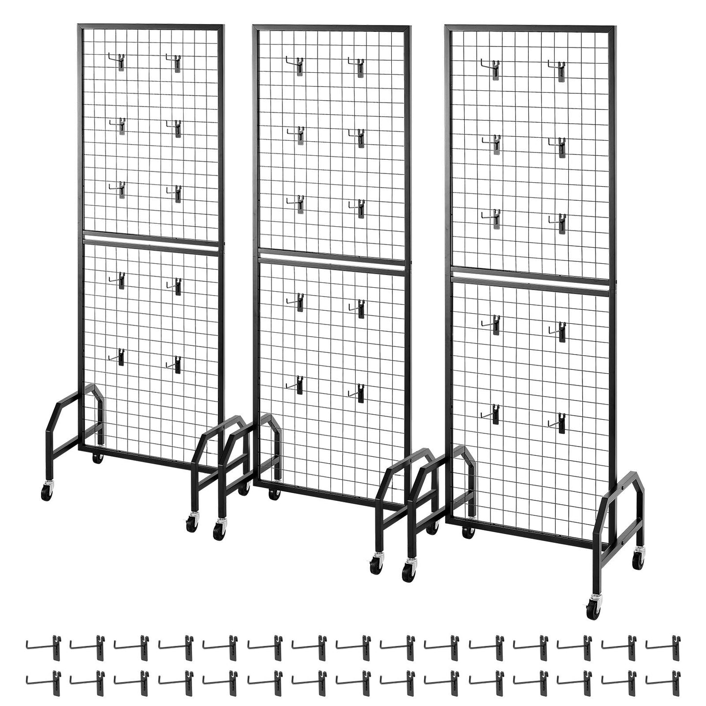 3 Packs Grid Wall Panels, 600 x 1640mm Wire Grid Panels Display Rack, Movable Art Display Shelf with Wheels and 30 Hooks, Black Carbon Steel Gridwall for Craft Show, Decor, Storage, Notice Board