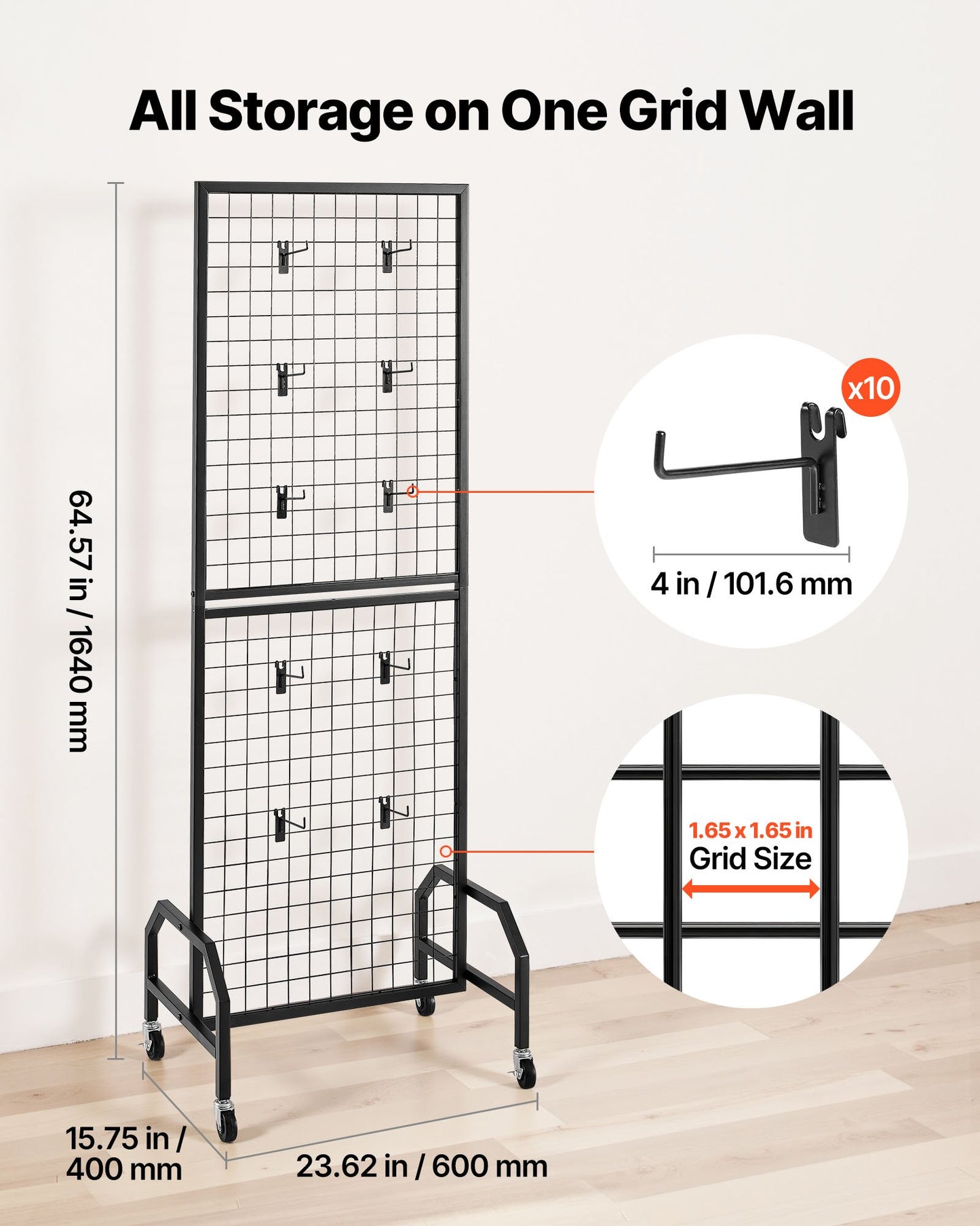 Grid Wall Panel, 600 x 1640 mm Wire Grid Panels Display Rack, Movable Art Display Shelf with Wheels and 10 Hooks, Black Carbon Steel Gridwall for Craft Show, Decoration, Storage, Notice Board