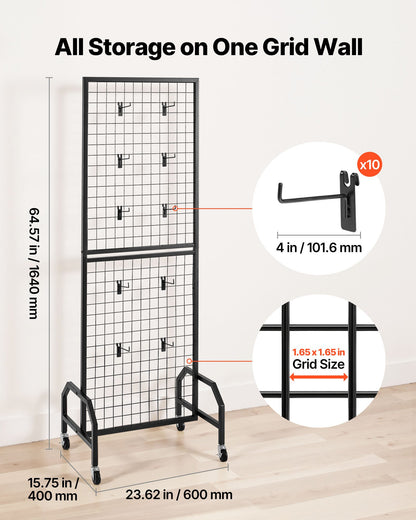 Grid Wall Panel, 600 x 1640 mm Wire Grid Panels Display Rack, Movable Art Display Shelf with Wheels and 10 Hooks, Black Carbon Steel Gridwall for Craft Show, Decoration, Storage, Notice Board