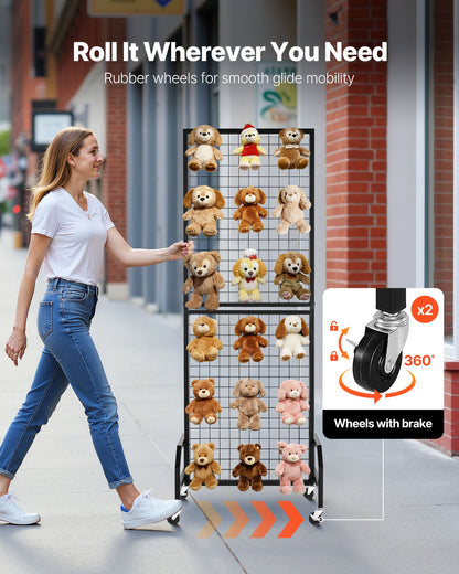 Grid Wall Panel, 600 x 1640 mm Wire Grid Panels Display Rack, Movable Art Display Shelf with Wheels and 10 Hooks, Black Carbon Steel Gridwall for Craft Show, Decoration, Storage, Notice Board