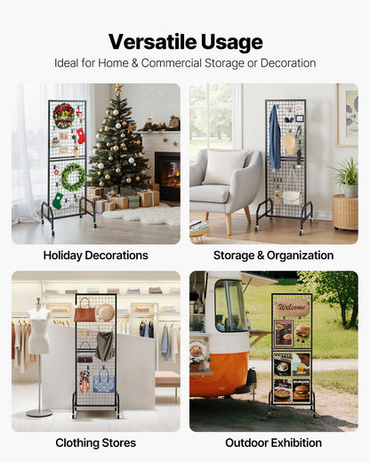 Grid Wall Panel, 600 x 1640 mm Wire Grid Panels Display Rack, Movable Art Display Shelf with Wheels and 10 Hooks, Black Carbon Steel Gridwall for Craft Show, Decoration, Storage, Notice Board