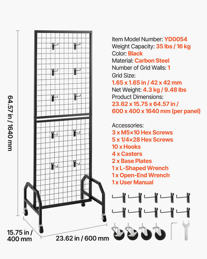 Grid Wall Panel, 600 x 1640 mm Wire Grid Panels Display Rack, Movable Art Display Shelf with Wheels and 10 Hooks, Black Carbon Steel Gridwall for Craft Show, Decoration, Storage, Notice Board