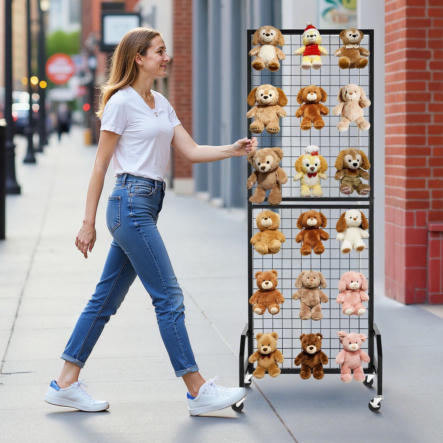 Grid Wall Panel, 600 x 1640 mm Wire Grid Panels Display Rack, Movable Art Display Shelf with Wheels and 10 Hooks, Black Carbon Steel Gridwall for Craft Show, Decoration, Storage, Notice Board