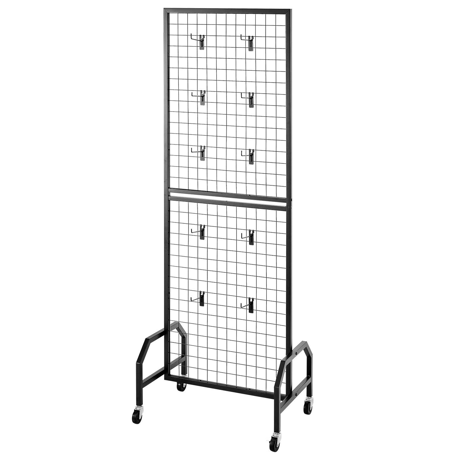 Grid Wall Panel, 600 x 1640 mm Wire Grid Panels Display Rack, Movable Art Display Shelf with Wheels and 10 Hooks, Black Carbon Steel Gridwall for Craft Show, Decoration, Storage, Notice Board